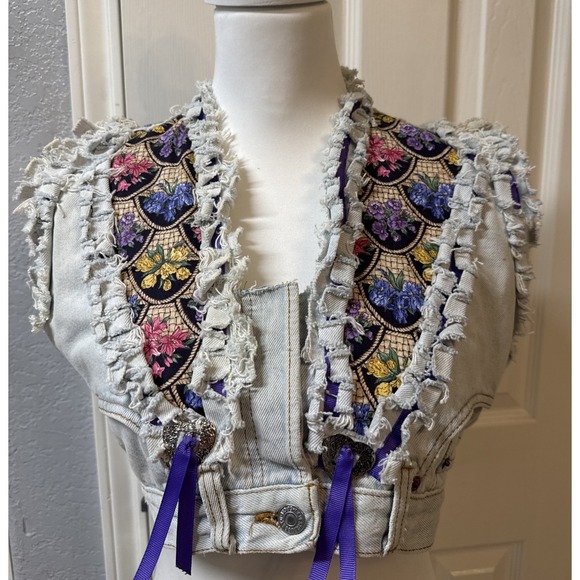 Handmade Jackets & Blazers - Vtg Upcycled 501 Levis Crop Vest Boho Festival Patchwork Tapestry‎ Western S